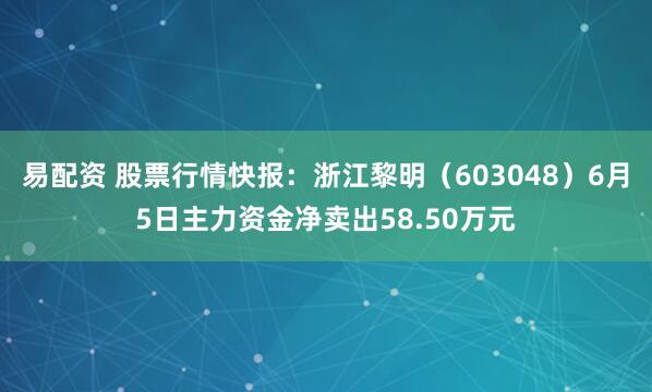 易配资 股票行情快报：浙江黎明（603048）6月5日主力资金净卖出58.50万元